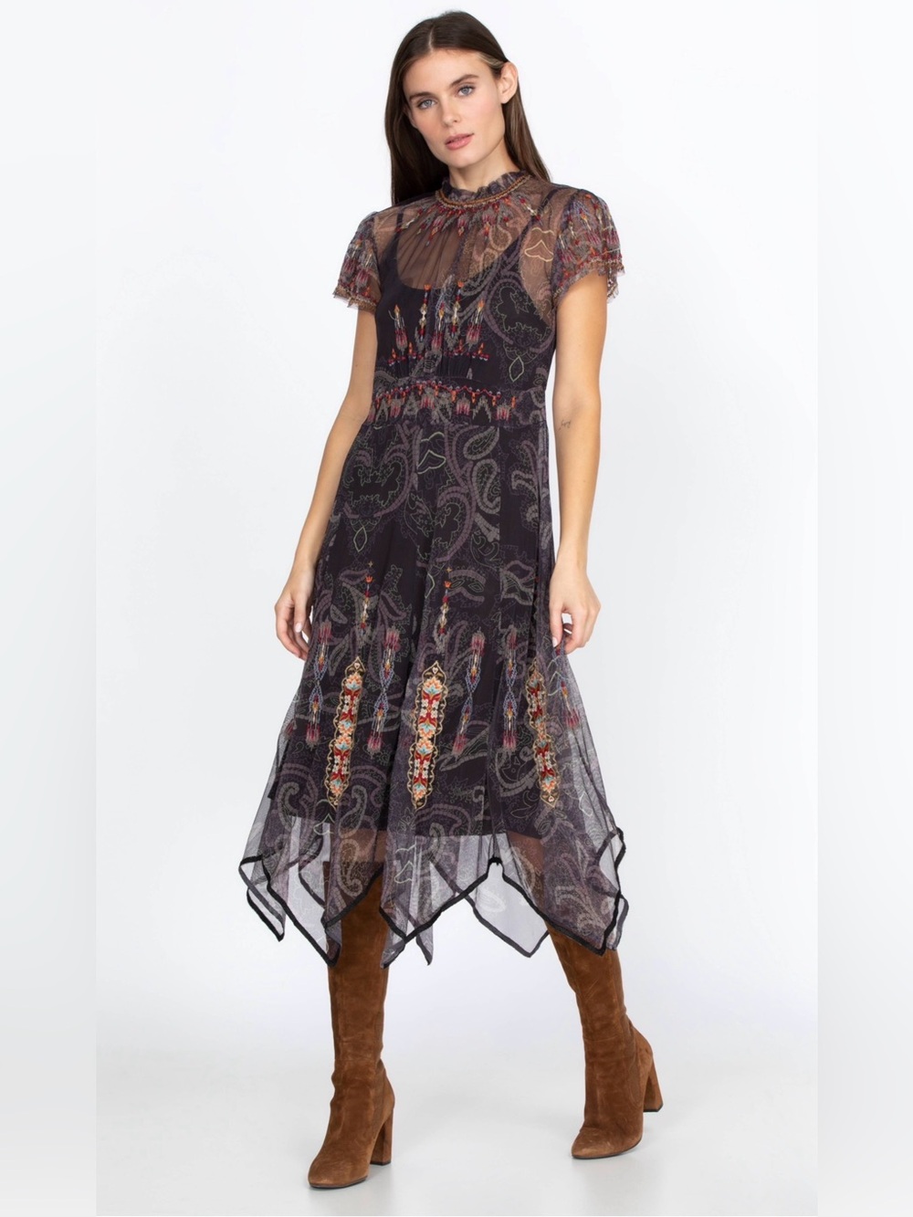 Johnny Was BIYA Leticia Embroidered Mesh Dress & Slip Set | XXS